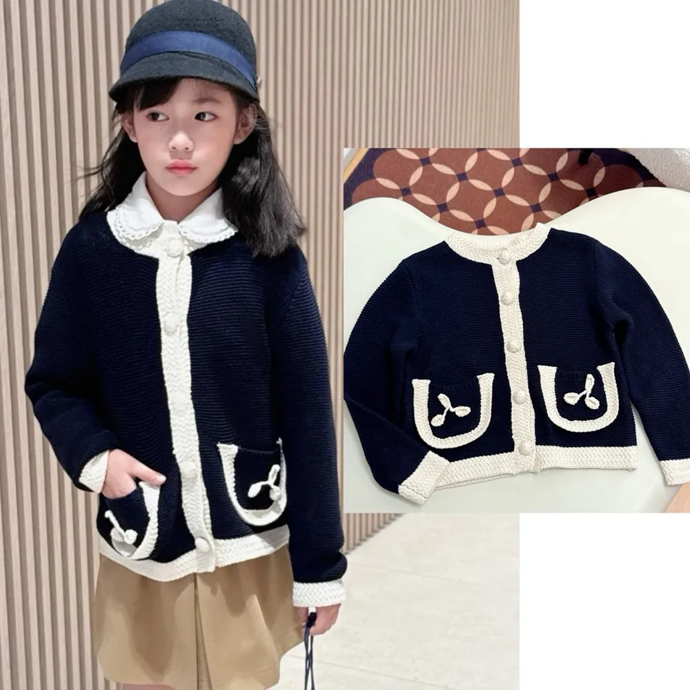 

kids girls clothes baby coat navy blue Handmade crochet cherry patterned pocket knitted cardigan Girls' sweater coat