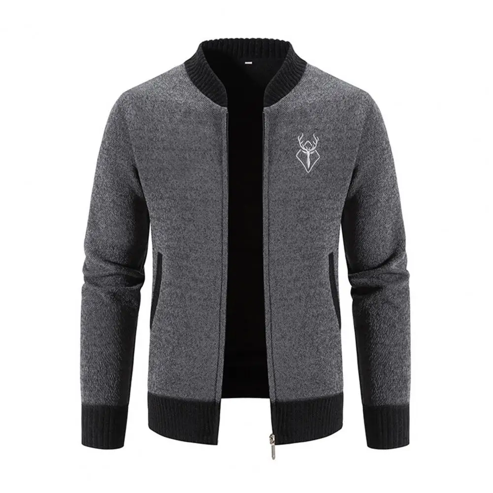 Fall Winter Sweater Coat with Side Pockets Round Neck Zip-up Thickened Long Sleeves Embroidery Daily Wear Work Dating Jacket