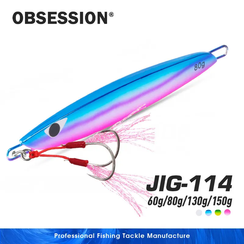 OBSESSION J114 60g 80g 130g 150g Metal Plating UV Glow Flat Jigbait Shape Slow Pitch Sinking Jigging Saltwater Jig Fishing Lures