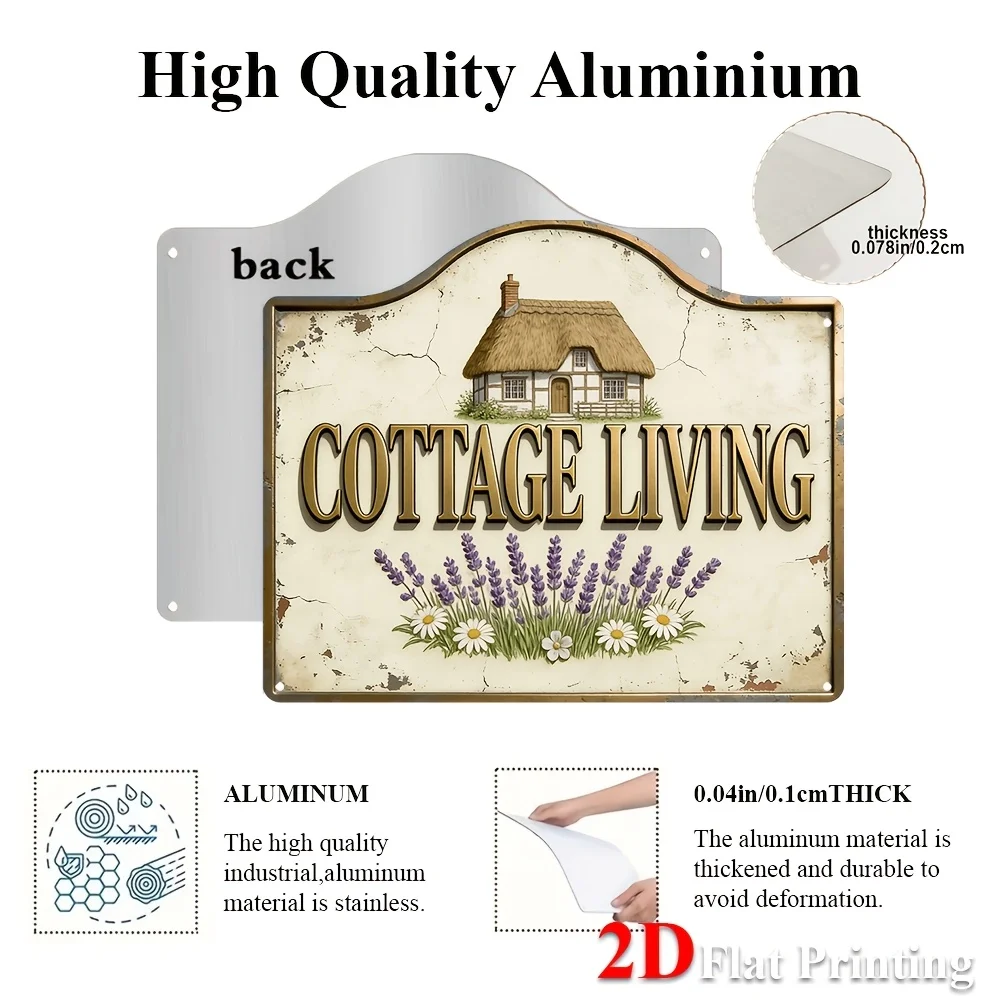 1pc 2D Flat Sign Artwork Showcasing A Vintage 'Cottage Living' Theme With A Thatched Roof House And Lavender Flowers