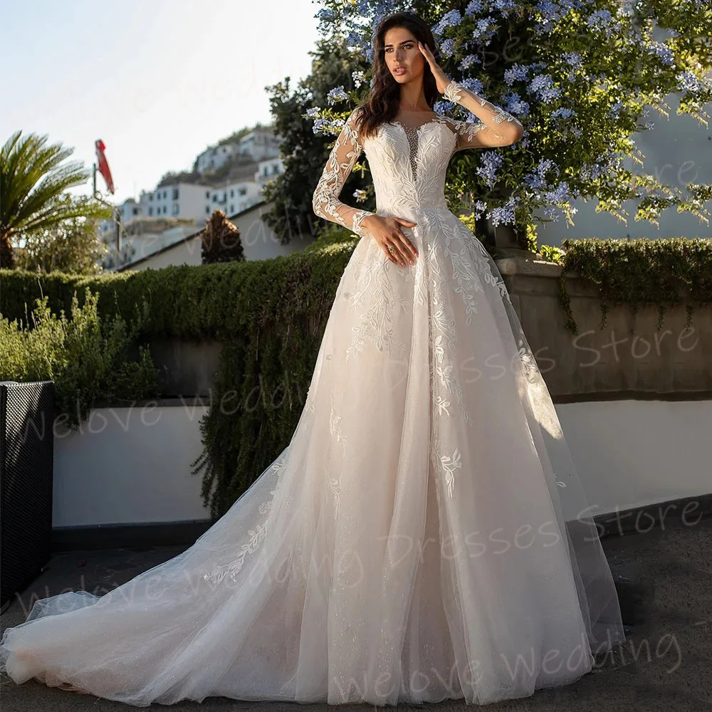 

Роскошные женские свадебные платья трапециевидной формы с кружевными аппликациями из тюля Robe De Mariée, индивидуальные платья невесты с длинным рукавом, Vestido De Novia