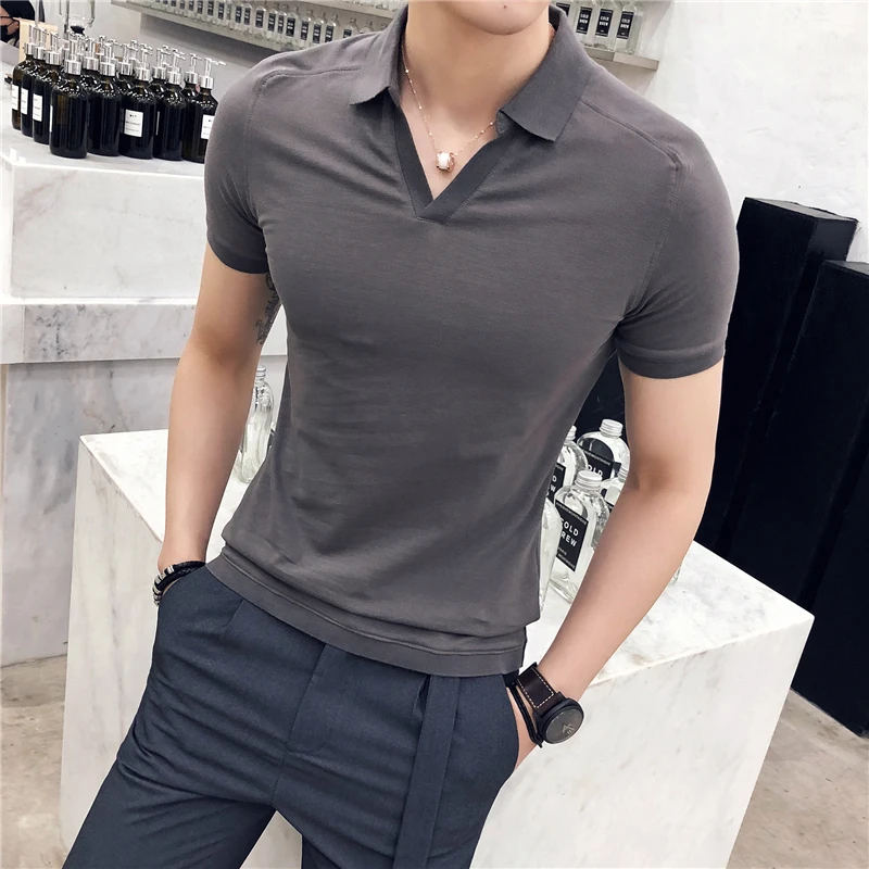 Summer New V-neck Breathable Polo Shirt Men Clothing 2022 Fashion Short Sleeved Slim Fit  Solid Color Tee Tops Streetwear 4XL-M