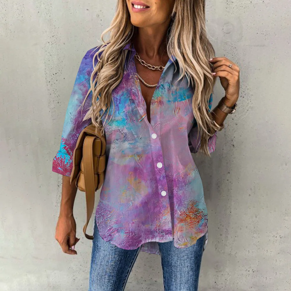 Long Sleeve Shirt Women Spring Clothing Korean Fashion Blouse Elegant Ladies Office Shirts Button Tops Colorful Printed Blouses