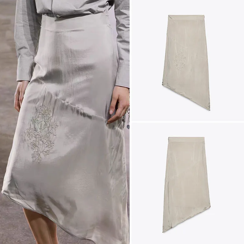 New Summer Women's Embroidered Asymmetric High Waist Midi Skirt Street Sle Straight Leg mid Length Pure Color Other Material