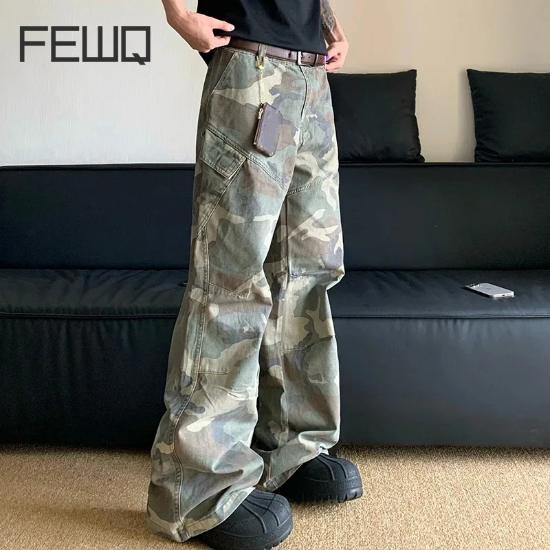 FEWQ American Camouflage Workwear Men's Pants Slim Fit Straight Leg High Street Vibe 2024 Contrast Color Male Trousers 24E1049