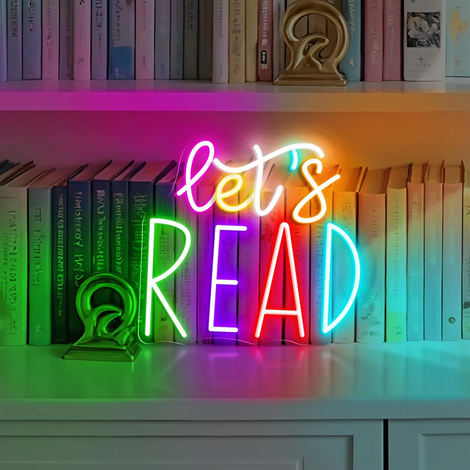 Let's Read Neon Sign ,Classroom Educational Neon Sign Decor,Pastel Rainbow Neon Book Nook Library Neon Decor, Bookshelf Decor