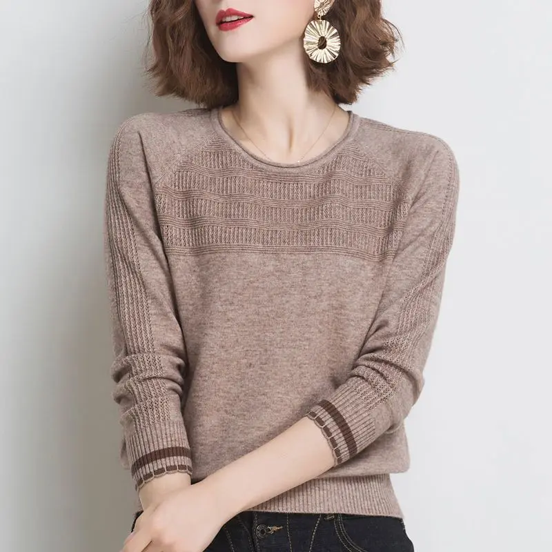 

Korean Fashion Round Neck Spring Autumn Screw Thread Solid Color Pullover Sweater Knitted Women's Clothing Elegant Commuter Tops