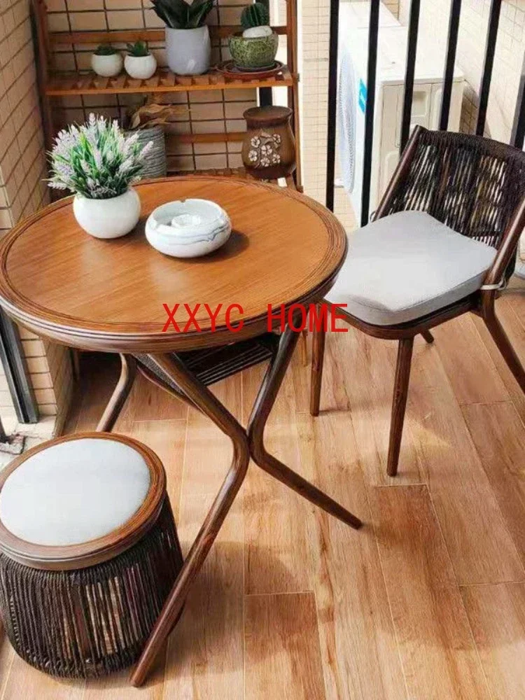 Balcony Table And Chair Rattan Walnut Simple Retro Chinese Style Leisure Bar Combination Outdoor Storage Tea Table Rattan Stool