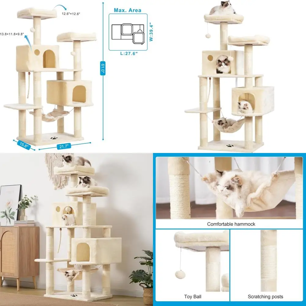 

Многоуровневый кошачий комплекс с сизалевыми столбиками для царапания, плюшевыми домиками и гамаком - бежевый