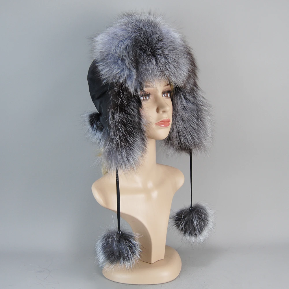 100% Real Fur Hat for Women Natural Silver Fox Fur Russian Ushanka Hats Winter Thick Warm Ears Fashion Bomber Cap