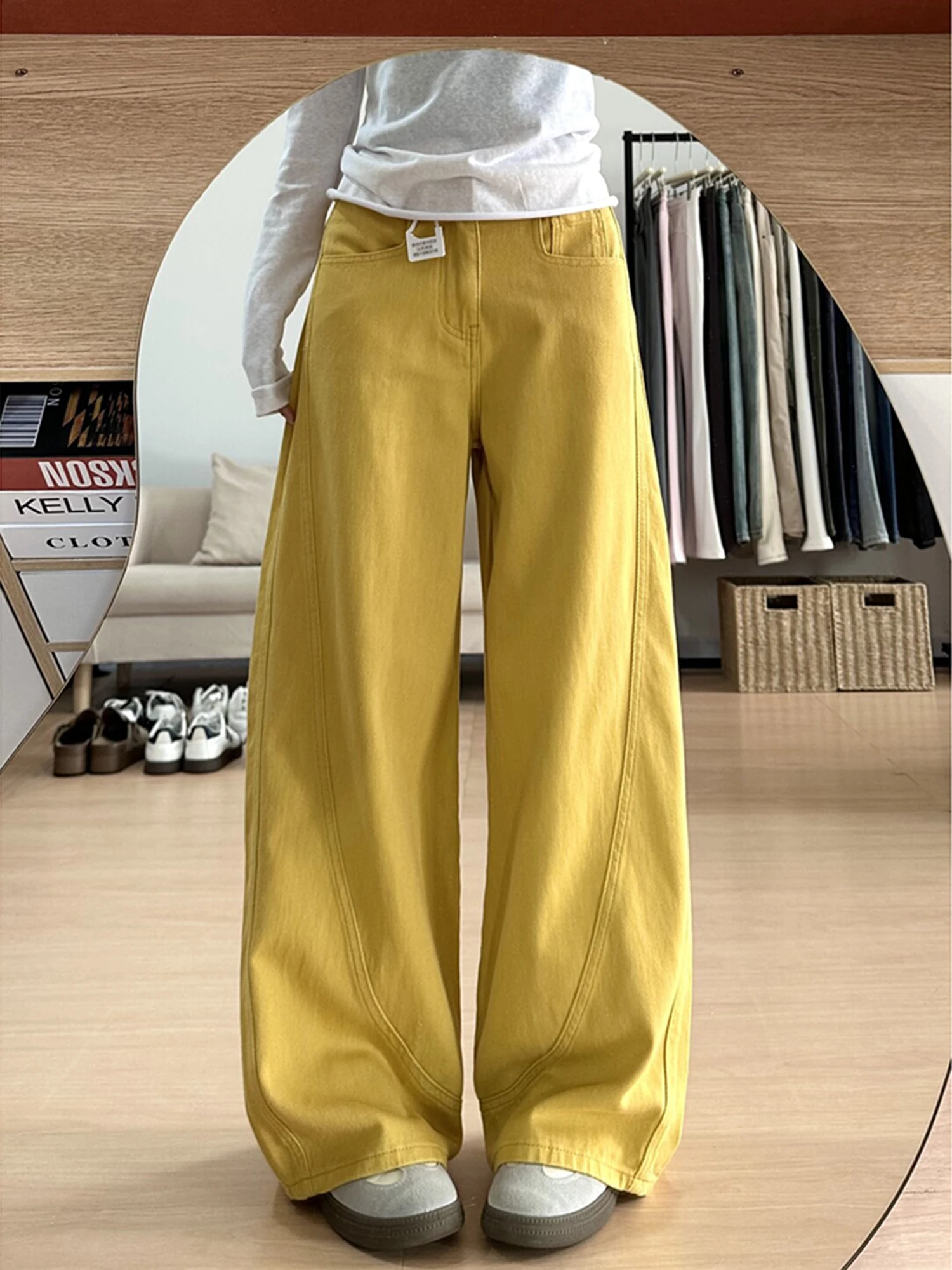 블루 와이드 레그 진 여성용 루즈 스트레이트 컷 슬리밍 하이웨이스트 바지 가을 겨울 봄 시즌 하이웨이스트 와이드 레그...