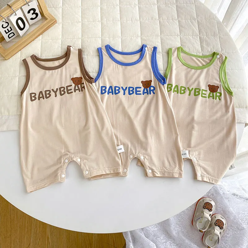 Summer Newborn Romper White Bear Baby Jumpsuits Sleeveless Soft Muslin Infant Boys Girls Clothes Toddler Sleepwear Kids Clothing