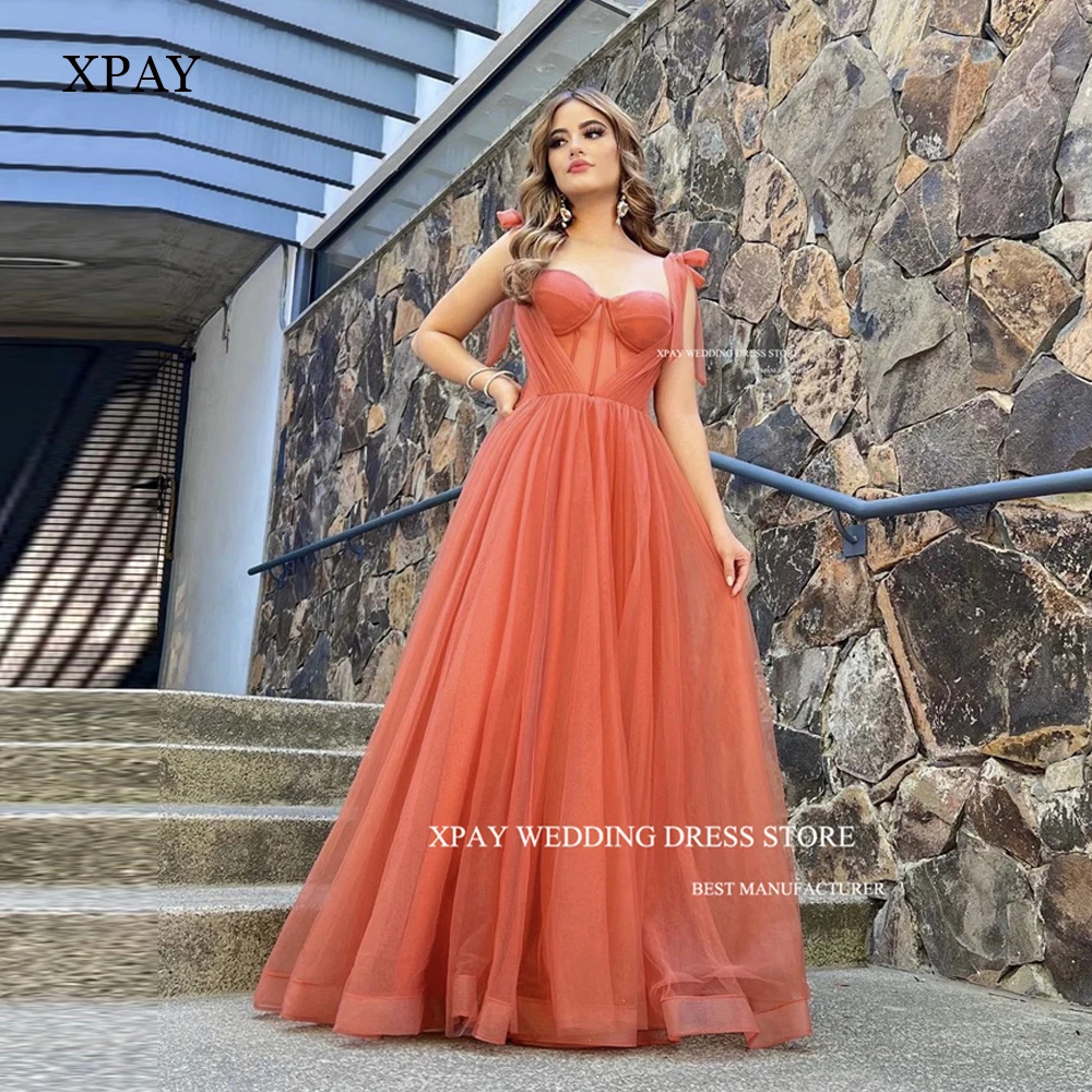 

XPAY Burnt Orange Tulle A Line Long Prom Dresses Sweetheart Straps Boning Dubai Arabic Women Evening Gowns Formal Occasion Party