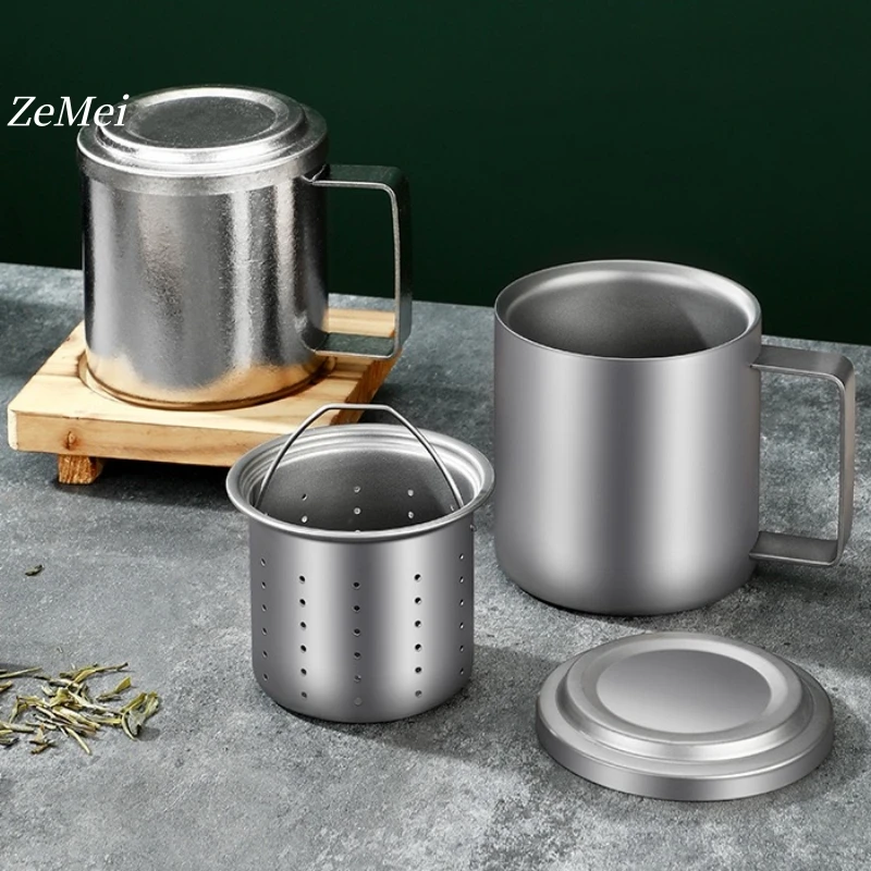 キャンプ用チタンティーカップ、シルバーグレーの純チタン製フィルター付きコーヒーマグ、蓋付きポータブル450ml、アウトドア用冷たい飲み物カップ