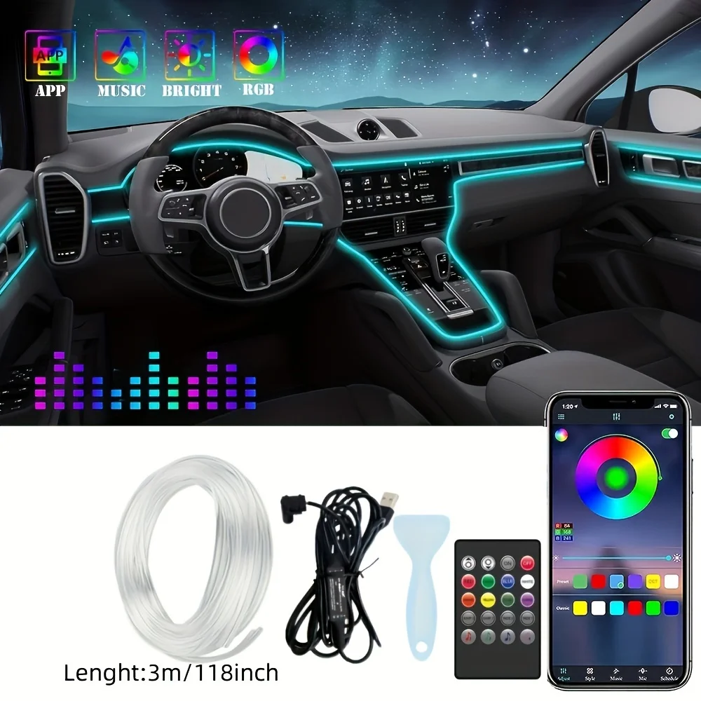 118in Car Interior LED Strip Lights Multicolor Lighting Remote and App Control Car LED Neon Lights Music Sync for Car Decoration