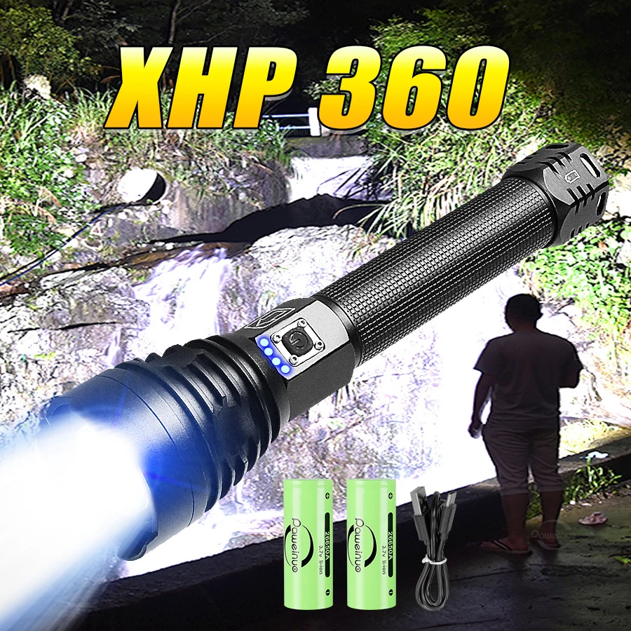 XHP360 Rechargeable Flashlight Type C Most Powerful LED Torch 2000M High Power LED Flashlights Waterproof Light Tactical Lantern