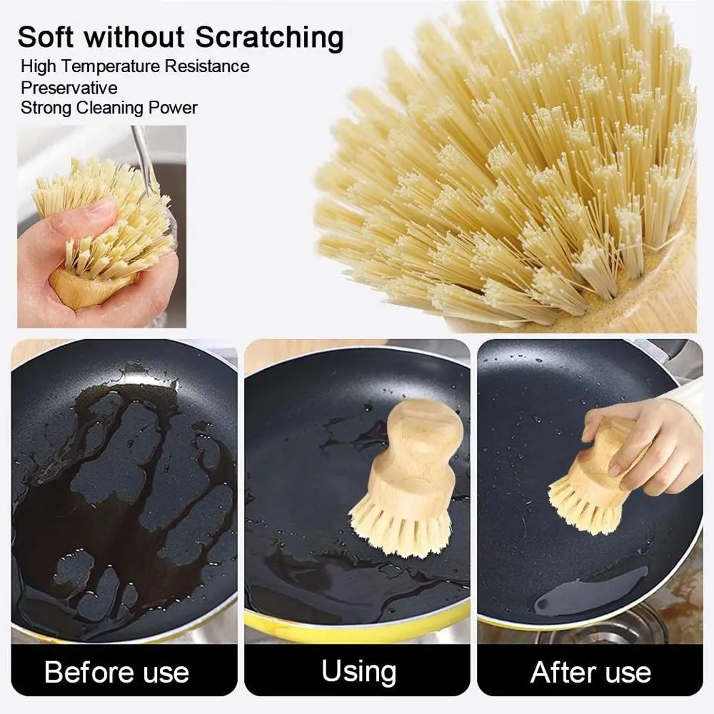 Leeseph Bamboo Dish Scrub Brushes, Kitchen Wooden Cleaning Scrubbers for Washing Cast Iron Pan/Pot, Natural Sisal Bristles