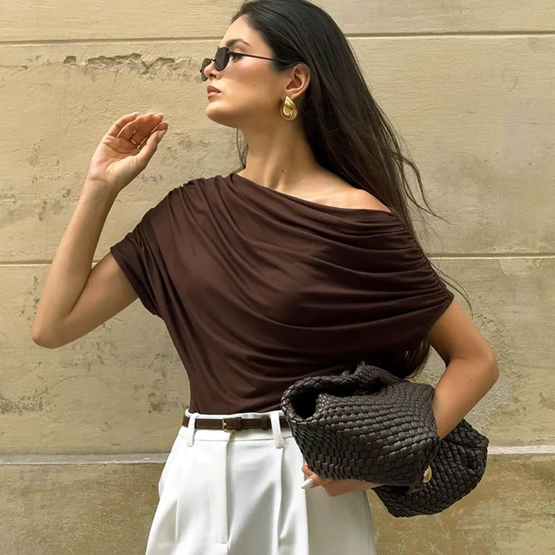 

Ticketsx Sexy Ruched Patchwork Tops Summer Women's Solid Off Shoulder Slim T-Shirts Fashion Vintage New Commuter Female Clothing