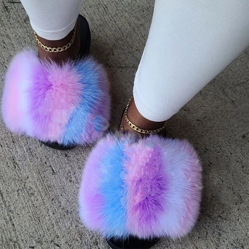 2024 Summer Real Fox Fur Slippers Plush Fluffy Sandals Women Flat Slides Natural Fur Home Flip Flops Female Large Size Slipper