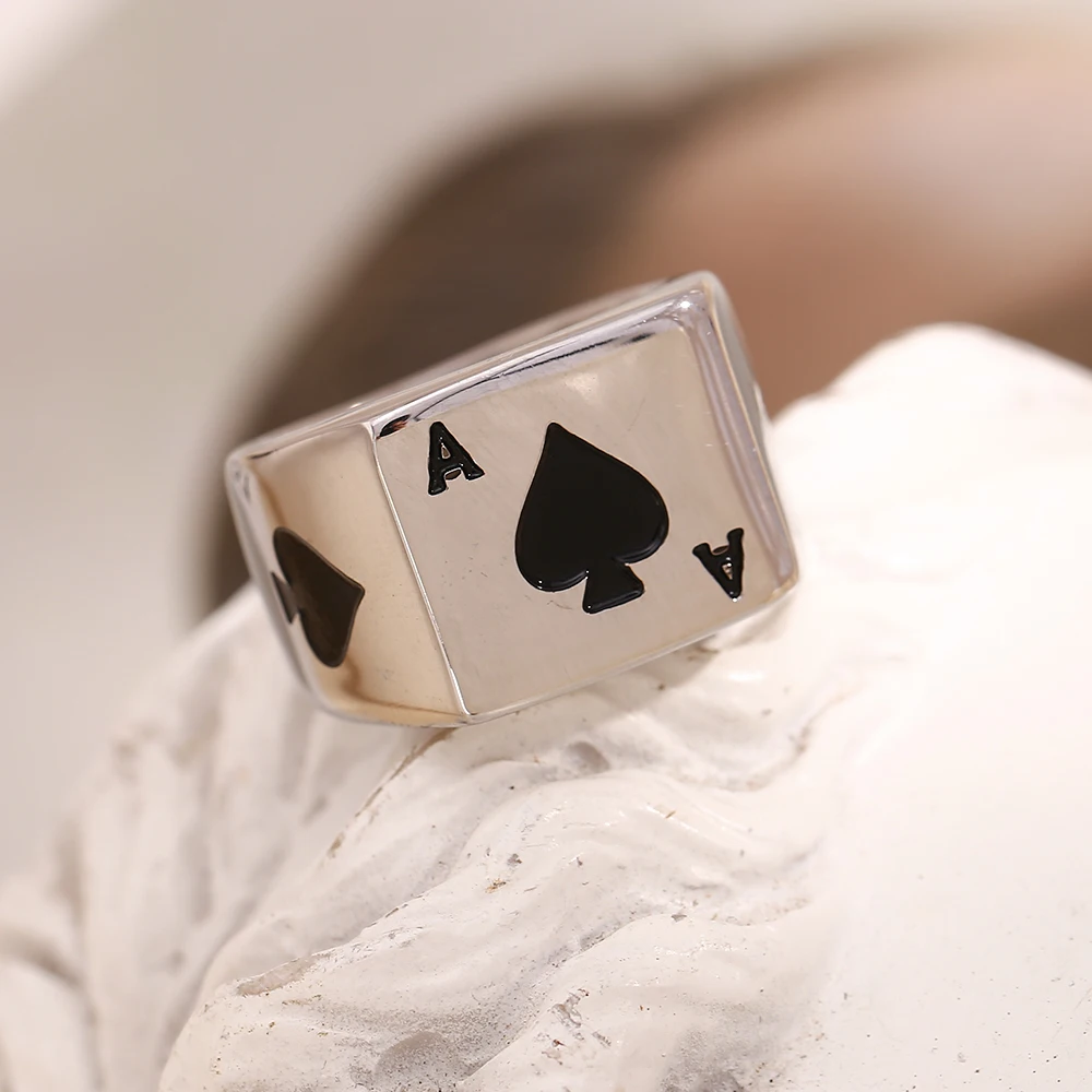 E.B.belle Card Spades A Pattern Ring Vintage Style Square Shape Men Jewelry Waterproof Hypoallergenic Stainless Steel 18K Plated image 2