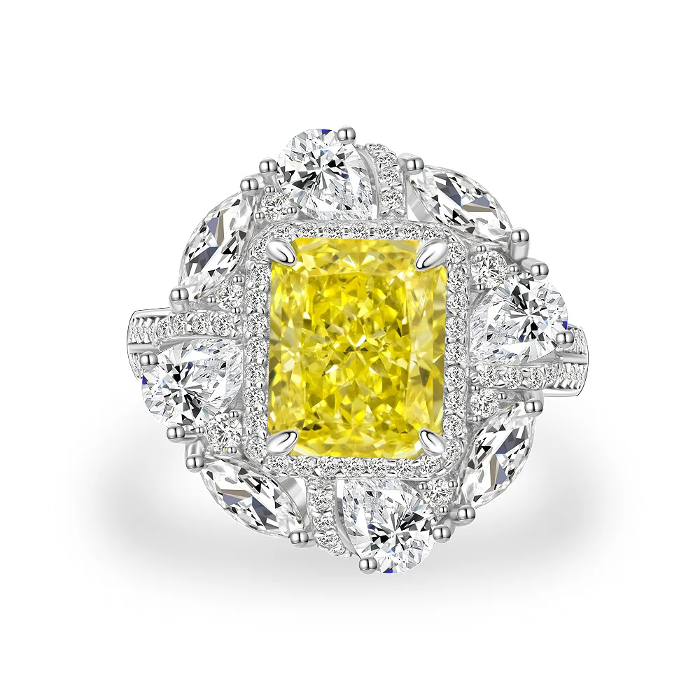 

8 * 10 rectangular 4-carat women's ring with vibrant yellow ice flower cutting ring s925 silver 5-9 # optional