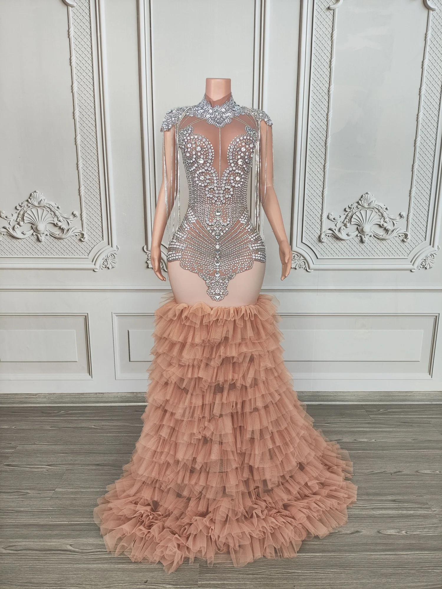 Shine Rhinestone Elegant Tassel Evening Dress Birthday Party Stage Outfit Elastic Gown Sheer Mesh Sexy Luxury Long Dress Lianhua