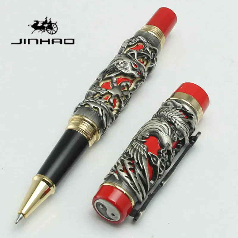 Vintage Collectible JINHAO Dragon Phoenix Rollerball Pen 3D Hollow Relief Solid Copper Heavy Weight Metal Signature Pen
