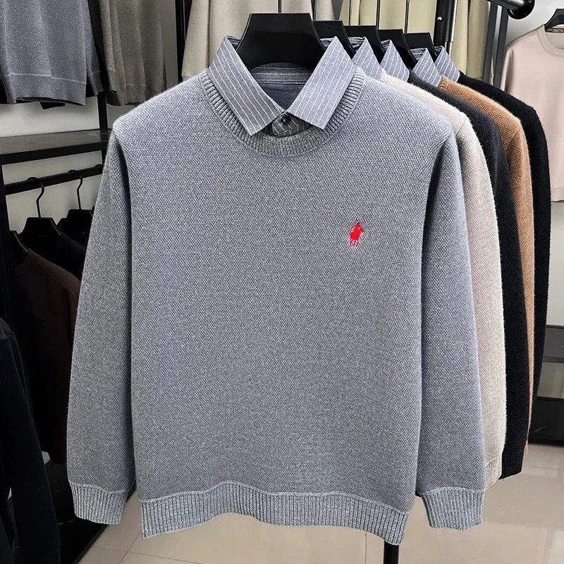 

Designer brand personality fake two piece knitted sweater men's luxury pony embroidery new fashion Paul striped lapel pullover