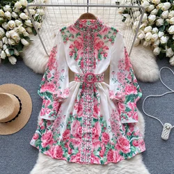 Vintage Print Elegant Lantern Sleeve A-line Stand Collar Dress Casual Women  Fashion Autumn Spring Dress