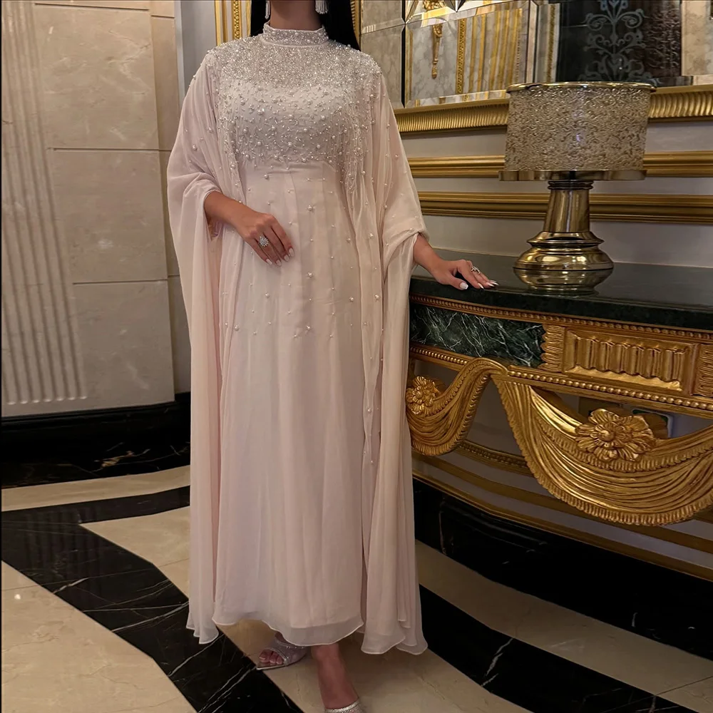 Customized A-Line Prom Dresses Ankle-Length High-Neck Full Sleeve Evening Gown Fashion Beading Sequined Draped Party Gown