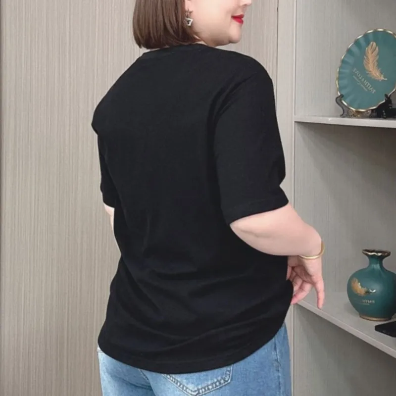 T-shirt à Manches Courtes en Coton pour Femme, Décontracté, Imprimé Lucky Loong, Grande Taille, Été 2024