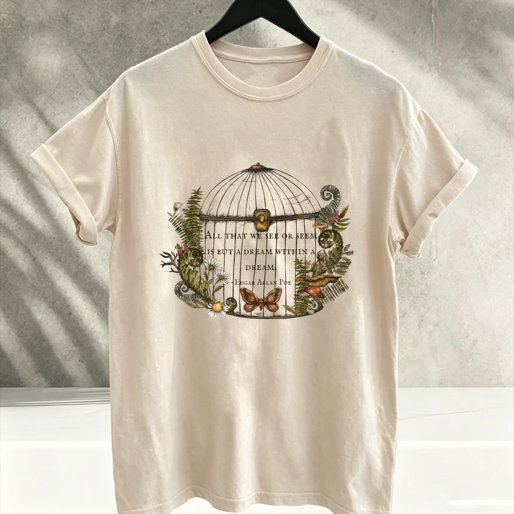 Gothic Floral Botanical Edgar Allan Poe Shirt Vintage Crew Neck Short Sleeve Relaxed Fit Dark Academia Tee Cotton Women Tshirts