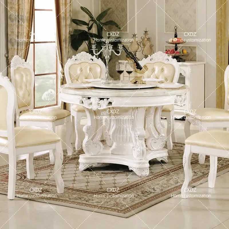Round Dining Table Solid Wood Marble Top Rotatable Hot Pot Table Small Apartment Household Furniture Set with Chairs High End