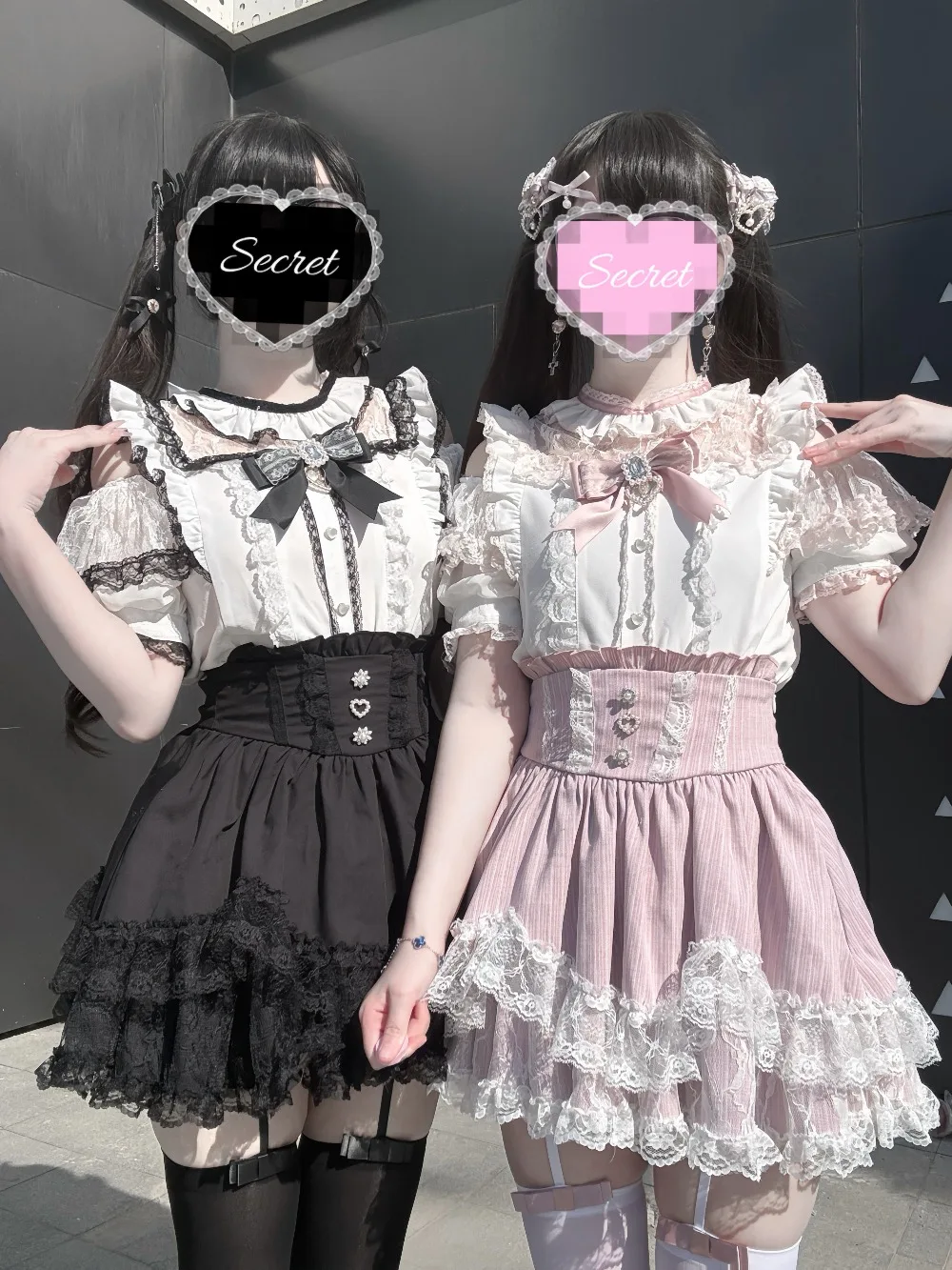 Pink Stripe & Solid Black High Waist Lolita Skirt Rhinestone Heart Flower Buttons Double Layer Lace Hem A-Line Mini Skirt
