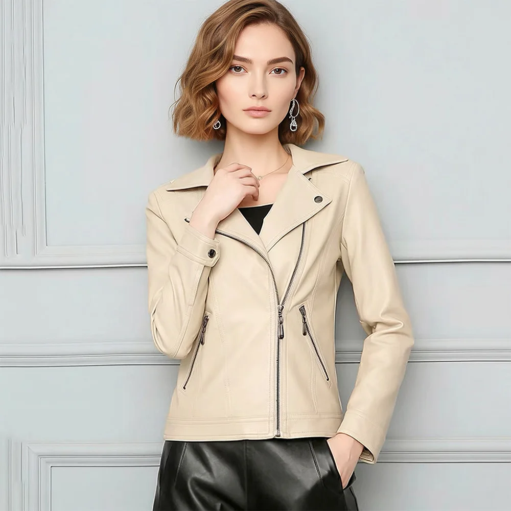 New Women Slim Split Leather Jacket Spring Autumn Fashion Turn-down Collar Casual Biker Leather Jacket Simplicity Short Coat