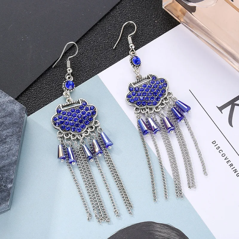 Creative Longevity Lock Vintage Tassel Earrings Women Full Diamond Long Style Chinese Style Earrings Wholesale turquoise aretes