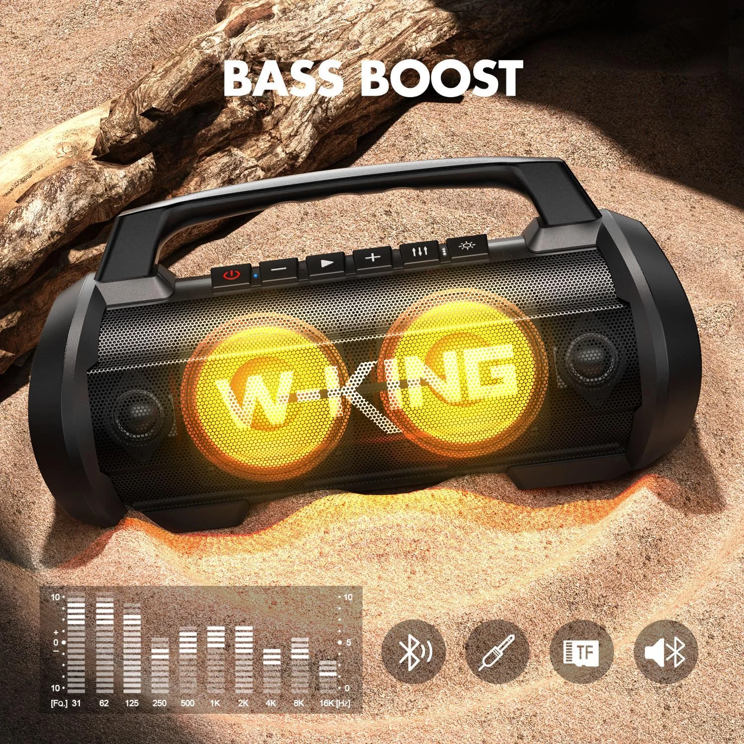 W-KING D10MIC Bluetooth-Lautsprecher mit kabellosem Mikrofon, 70 W RMS, 120 W Spitzenleistung, tiefes Bass, IPX6 wasserdicht, 42 Stunden Akkulaufzeit, tragbarer Party-Lautsprecher. – Detail 5