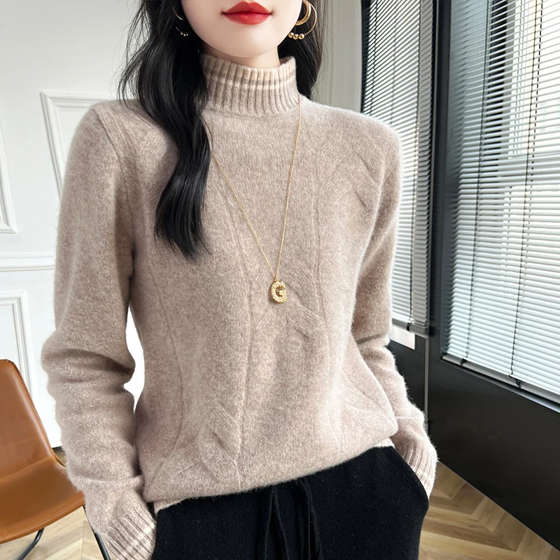 Free shipping Women Sweaters 100% Wool Knitted Leisure High-neck Pullovers Warm Soft Tops 2024 Autumn/Winter New Style Clothings