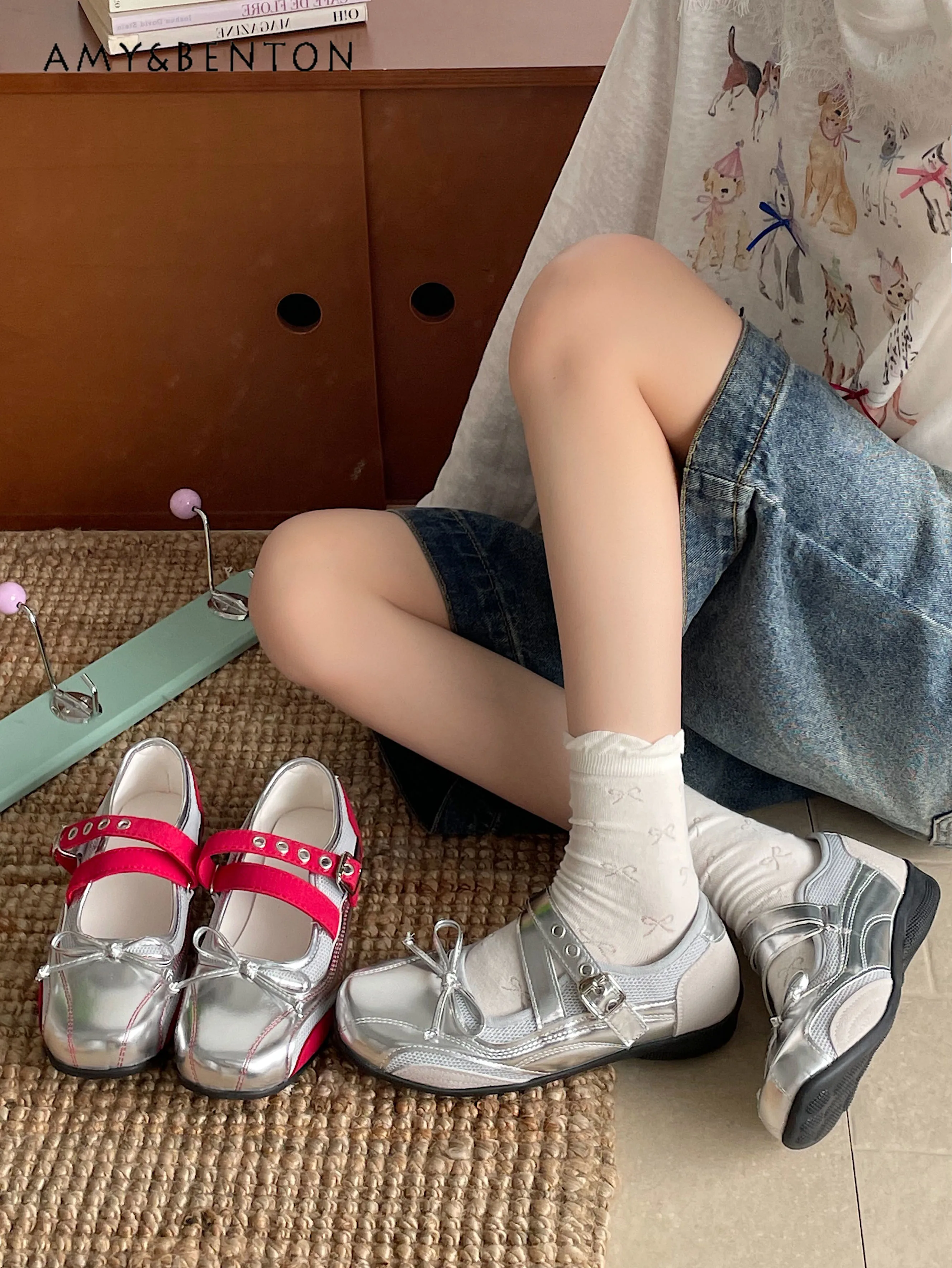 

2025 Summer New Silver Sports Mary Jane Shoes Square Toe Red Breathable Ballet Waterproof Non-Slip Flat Shoes