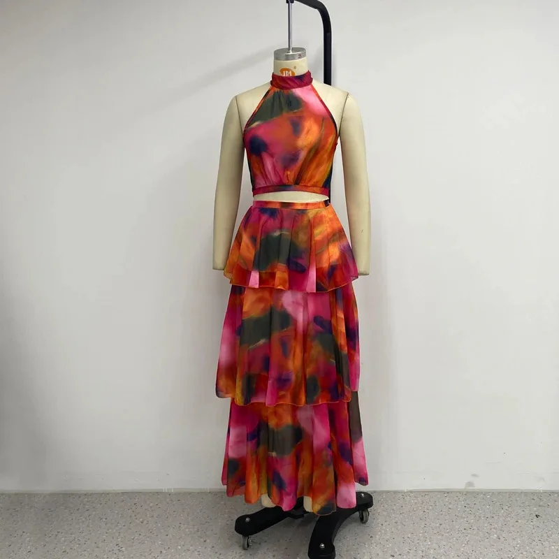 SKMY 2025 Summer New Fashion Printed Round Neck Sleeveless High Waist Sleeveless Ruffles Patchwork Cake Dresses For Women