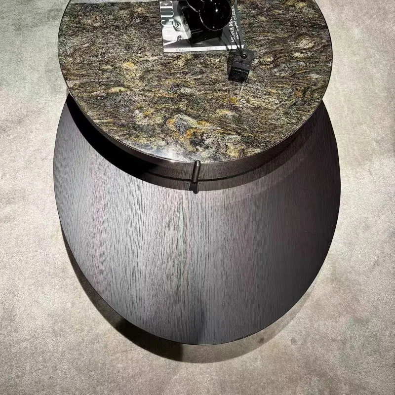 Round smoked wood, platinum diamond luxury stone minimalist, light luxury multi-functional rotating coffee table