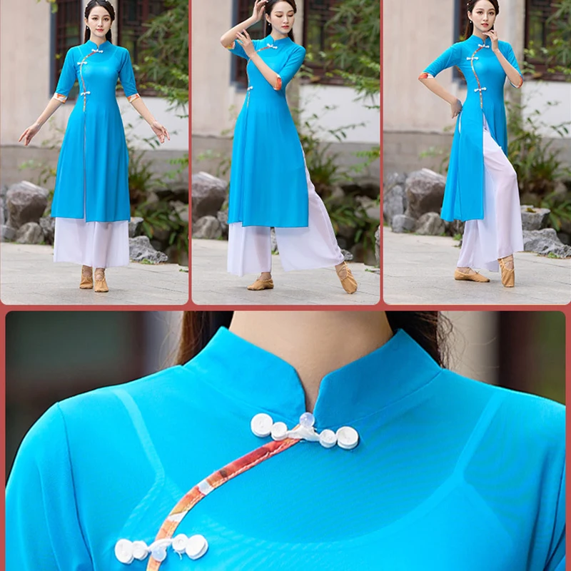 Women Classical Dance Performance Costume Elegant Hanfu Ethnic Style Jiangnan Umbrella Dance Fan Dance Yangko Dress  Cheongsam
