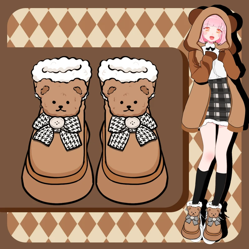 Amy and Michael Kawaii Anime Bear Boots Girls Slip On Keep Warm Plush Women Thermal Cotton Padded Shoes Female Ankle Snow Boots