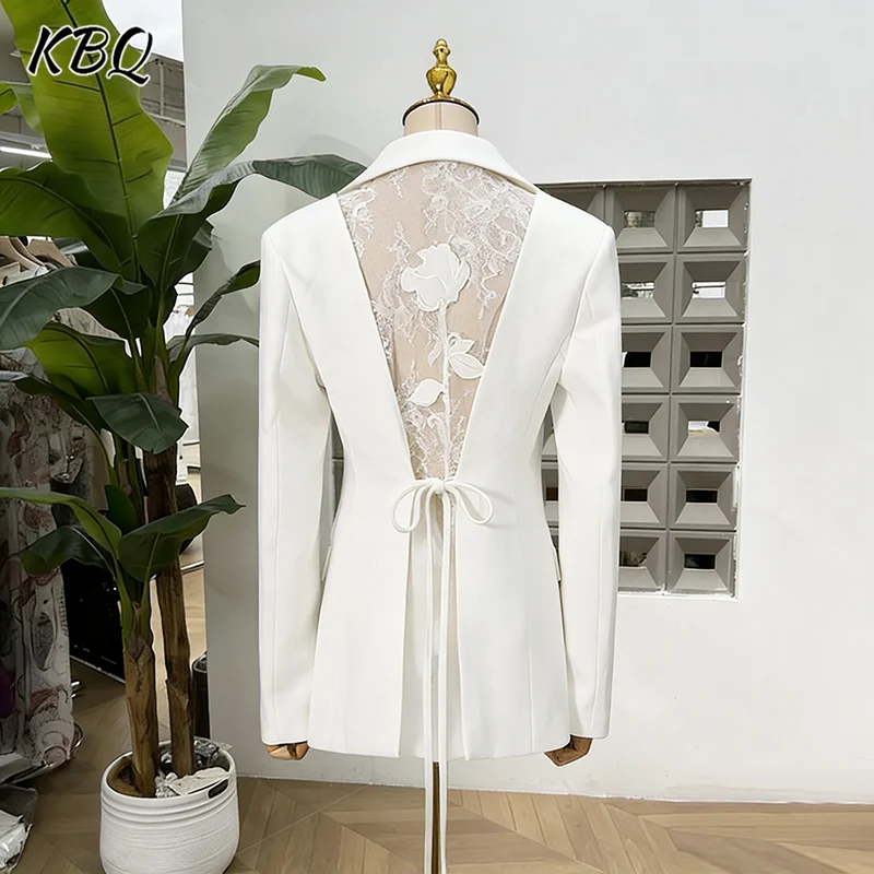 

KBQ однотонные ажурные лоскутные кружевные шикарные куртки для женщин с лацканами и длинными рукавами в стиле пэчворк с карманами, утягивающий блейзер, женский зимний новый