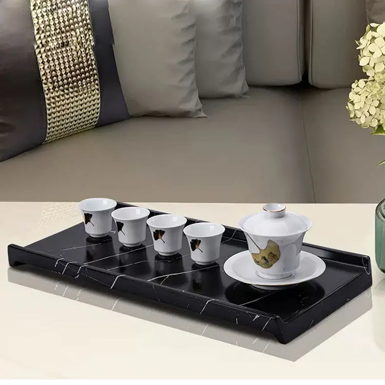 Simple rectangular tray decorative ornament black imitation marble tea tray Chinese villa clubhouse coffee table storage tray