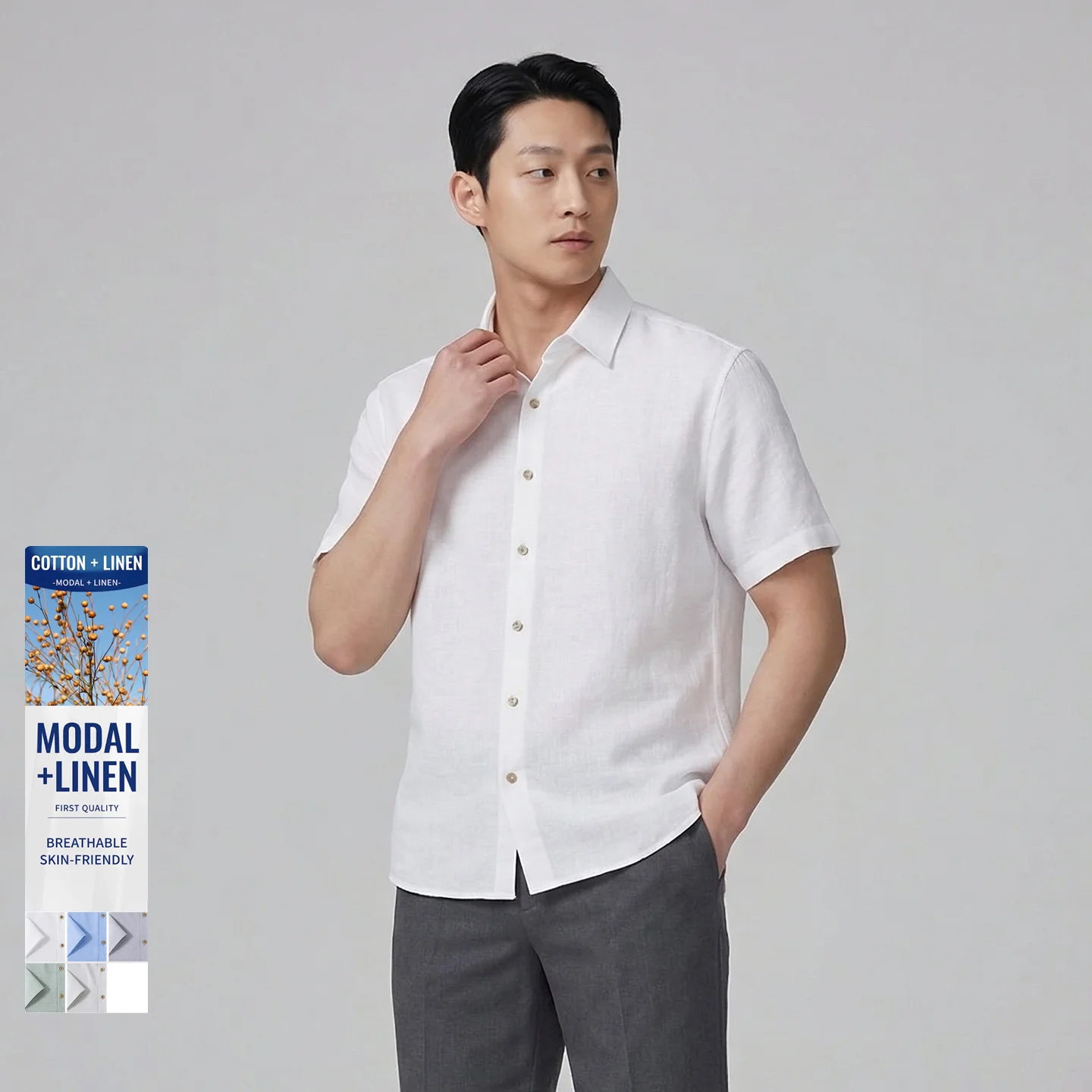 

Men's Summer Modal Linen Cotton Short Sleeve Shirt Premium Business Casual Breathable Lightweight Solid Color Shirt Regular Fit