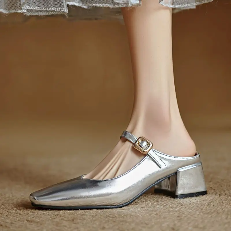 ORCHA LISA Design Women Sandals Square Toe Block Heels 4.5cm Slip On Mules Belt Buckle Plus Size 44 45 46 Fashion Dating Shoes