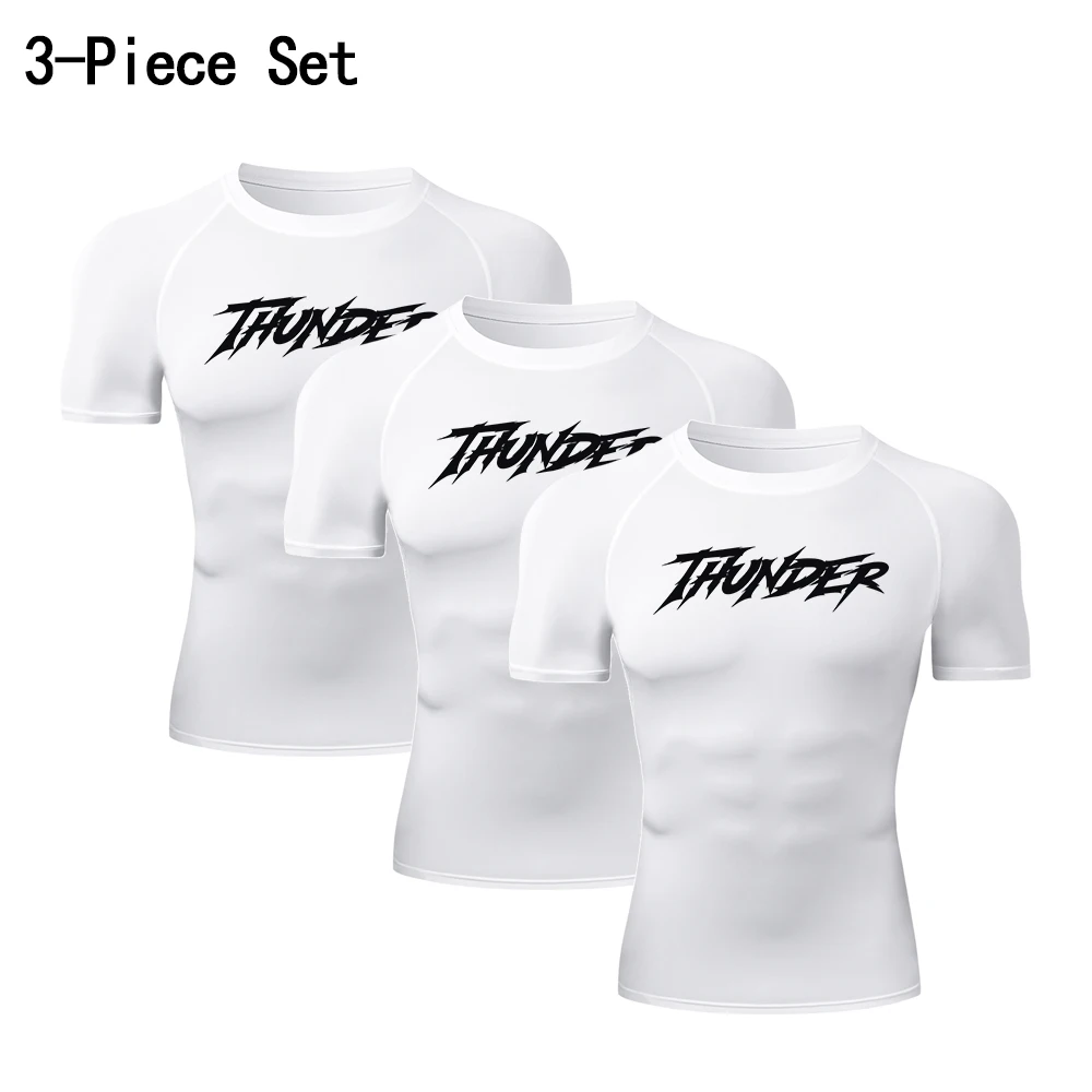 Thunder Letter Print 3-Pack Compression Training T-shirts for Men Quick Dry Workout Gym Fitness Running Tops Casual Streetwear