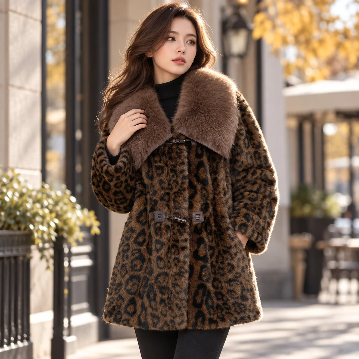 Leopard Print Loose Fit Coat Mid Long Length Japanese Korean Casual with Round Neck Regular Sleeve Autumn No Hood Women Coat