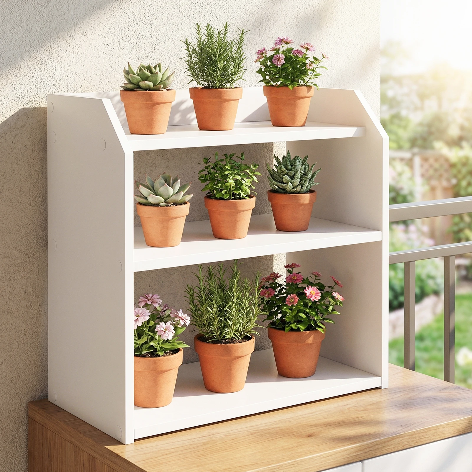 3-Tier Desktop Bookshelf w/ Raised Top Guardrails. Space-Saving Desk Display Shelf